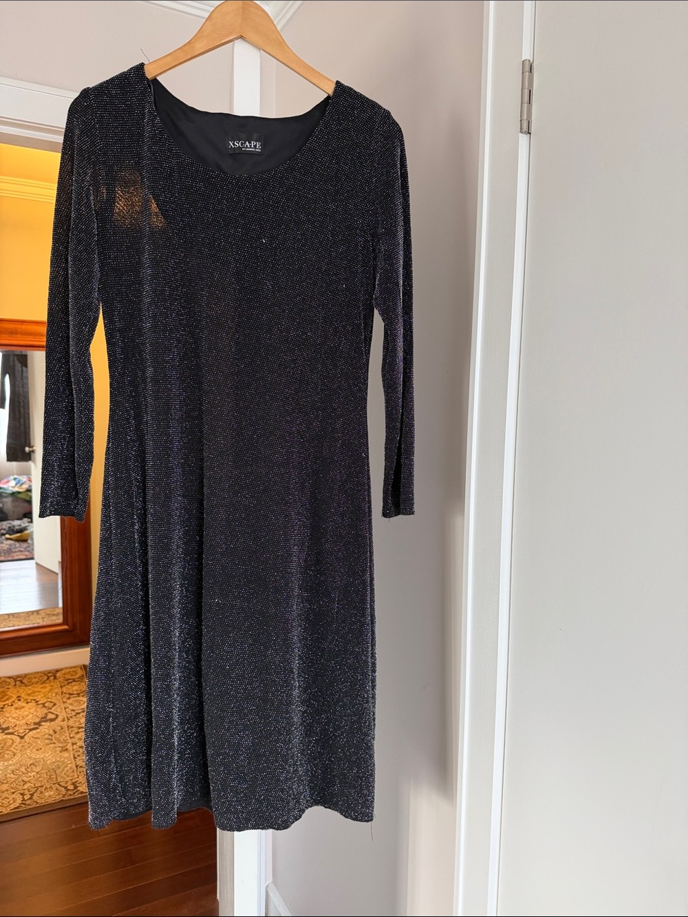 Xscape Black Glitter Long Sleeve Midi Dress size M